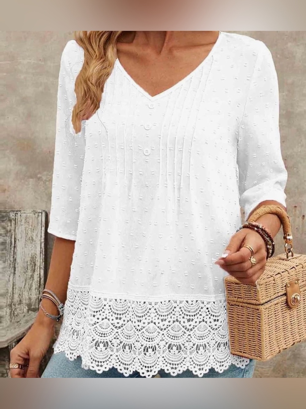 White V-Neck Pintuck Tunic with Lace Hem - Picture 3 of 7